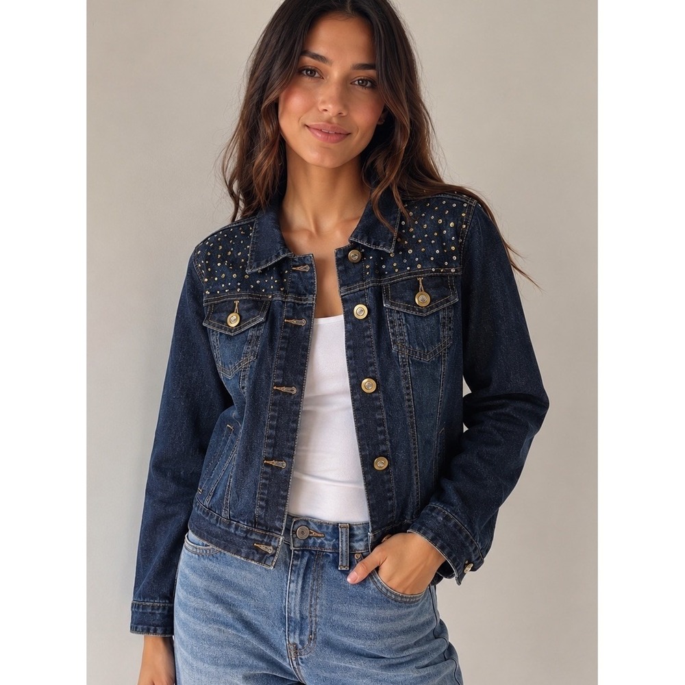 Bassini Jean Jacket Embellished W/Rhinestone Buttons Sz Small Bling Gold Studs